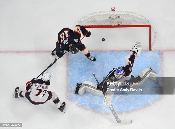Zach Hyman of the Edmonton Oilers scores a second period goal against the Columbus Blue Jackets during the game on January 25, 2023 at Rogers Place...