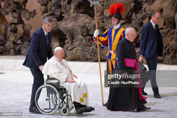 Pope Francis attends his weekly general audience in the Pope Paul VI hall at the Vatican, Wednesday, Jan. 25, 2023.