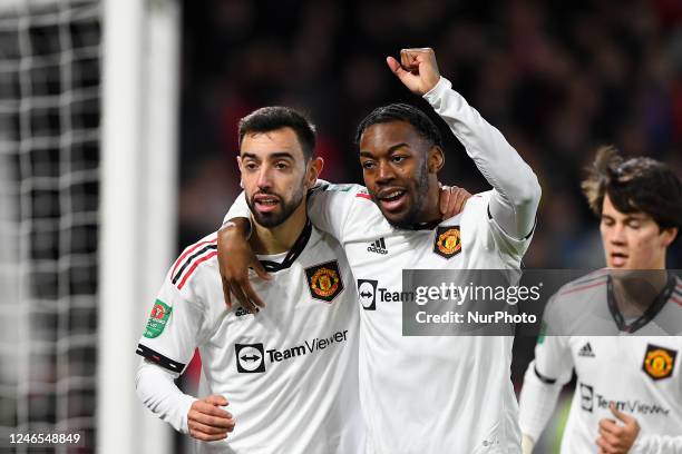 Bruno Fernandes of Manchester United celebrates with Anthony Elanga of Manchester United after scoring a goal to make it 0-3 during the Carabao Cup...