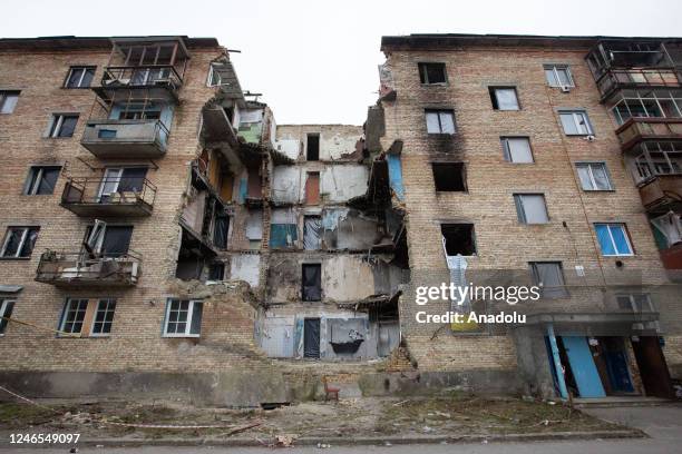 General view of the damaged residential buildings in the village of Gorenka, which was heavily damaged by the clashes between the Russian and...