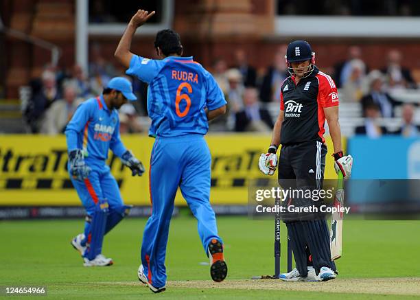 Tim Bresnan of England shows his dejection after being bowled by RP Singh of India during the 4th Natwest One Day International match between England...