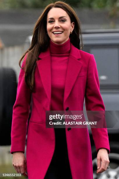 Britain's Catherine, Princess of Wales arrives to visit the Windsor Foodshare, in Windsor, on January 26, 2023. - The Prince and Princess of Wales...