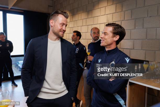 Club's goalkeeper Simon Mignolet and Club's head coach Scott Parker pictured after a press conference regarding Club Brugge's winner of the 'Golden...