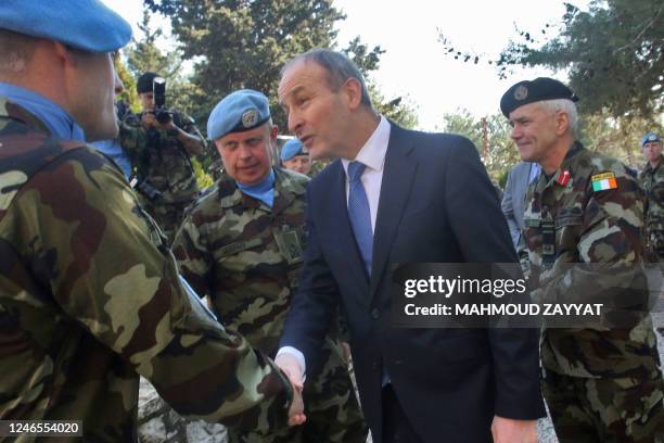 Irish Defence and Foreign Affairs Minister Micheal Martin visits the Irish UNIFIL battalion in Tibnin, southern Lebanon, on January 26, 2023. -...