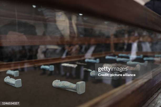 January 2023, Egypt, Giza: Statues are displayed during a press conference, where Former Egyptian Minister of Antiquities, prominent archaeologist...