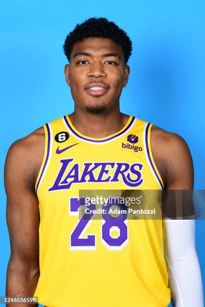 Rui Hachimura of the Los Angeles Lakers poses for a head shot during NBA Media day at UCLA Health Training Center on January 25, 2023 in El Segundo,...
