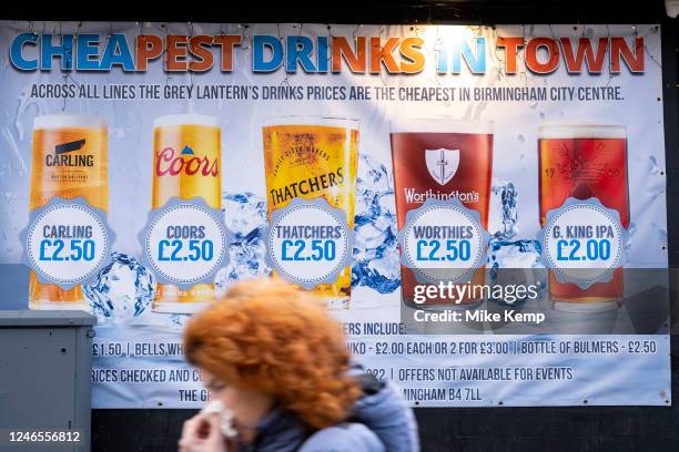 The Grey Lantern pub in the city centre, which advertises the cheapest drinks in town, selling pints for £2.50 on 25th January 2023 in Birmingham,...