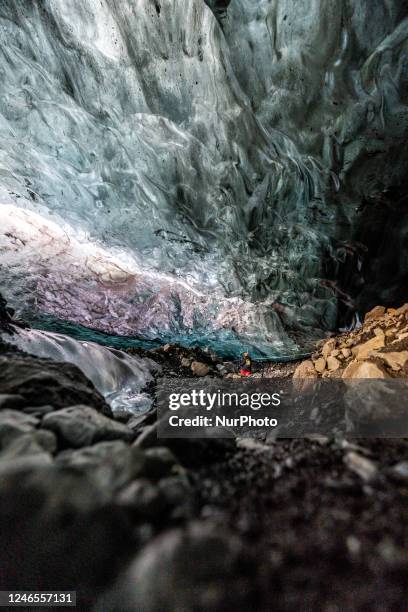 View of the ice cave in the glacial tongue Breiðamerkurjökull in the Vatnajokull Glacier National Park in Vatnajökull, Iceland, on January 26, 2023....
