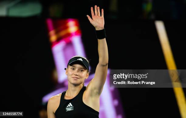 Elena Rybakina of Kazakhstan celebrates defeating Victoria Azarenka of Belarus in her semi-final match on Day 11 of the 2023 Australian Open at...