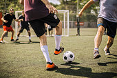 Male soccer player kicking soccer ball
