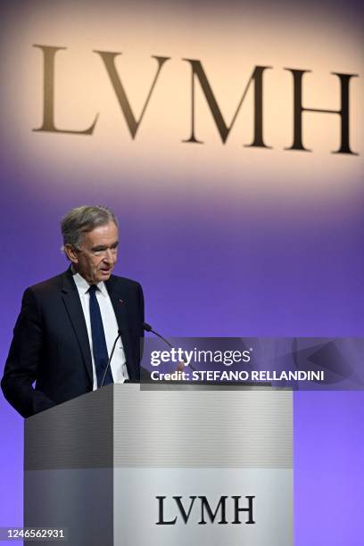 World's top luxury group LVMH head Bernard Arnault presents the group's annual results 2022 in Paris on January 26, 2023. - LVMH said that its sales...