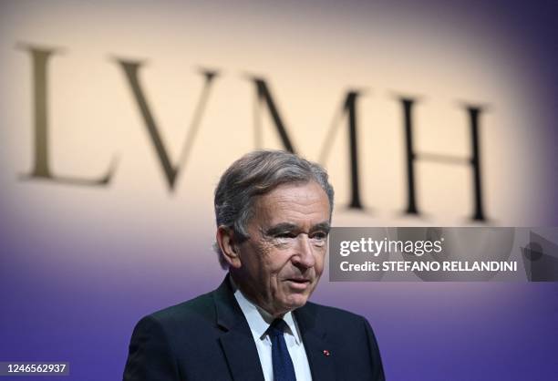 Head Bernard Arnault announces the group's 2022 results at the LVMH headquarters in Paris on January 26, 2023. - The world's top luxury group LVMH...