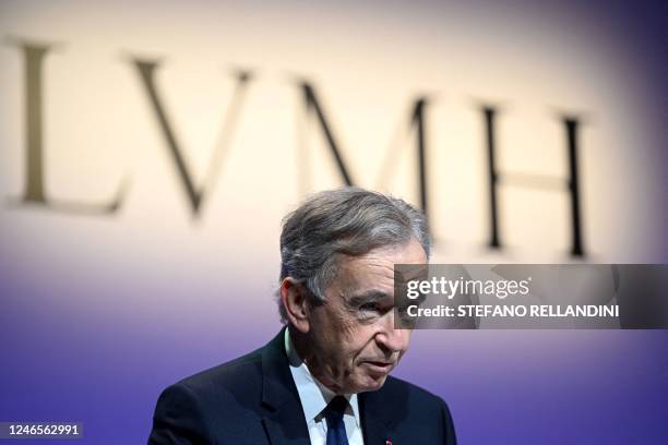 World's top luxury group LVMH head Bernard Arnault presents the group's annual results 2022 in Paris on January 26, 2023. - LVMH said that its sales...