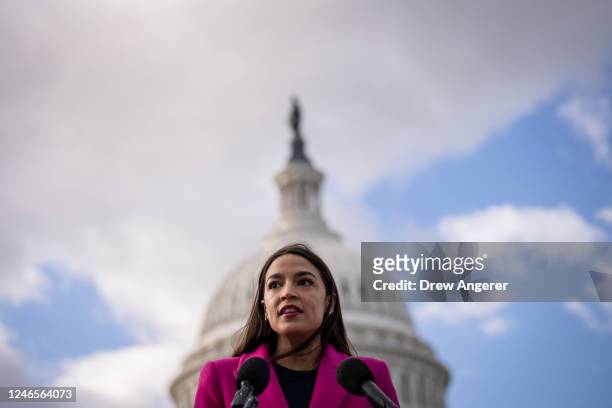 Rep. Alexandria Ocasio-Cortez speaks during a news conference with Democratic lawmakers about the Biden administrations border politics, outside the...