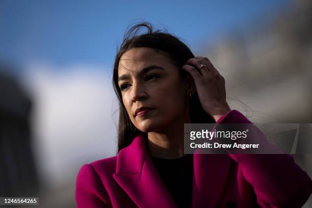 Rep. Alexandria Ocasio-Cortez attends a news conference with Democratic lawmakers about the Biden administrations border politics, outside the U.S....