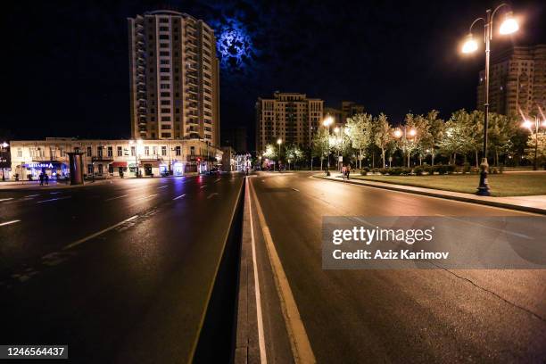 One of streets are seen empty in Baku on June 05, 2020 in Baku, Azerbaijan. Starting from 00:00 on June 6th and until 06:00 on June 8th, a strict...