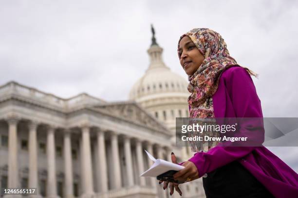 Rep. Ilhan Omar departs a news conference marking the 6th anniversary of the Trump administration's Executive Order 13769, also known as the Muslim...