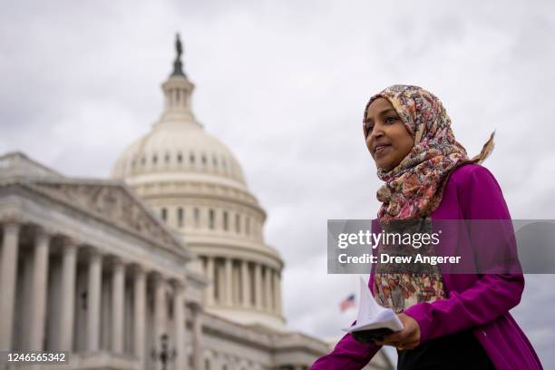 Rep. Ilhan Omar departs a news conference marking the 6th anniversary of the Trump administration's Executive Order 13769, also known as the Muslim...