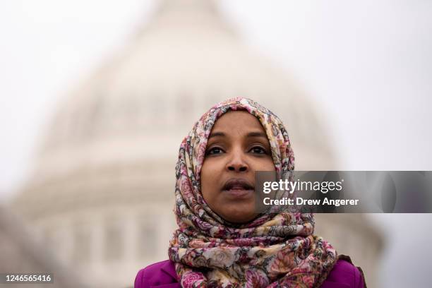 Rep. Ilhan Omar speaks during a news conference marking the 6th anniversary of the Trump administration's Executive Order 13769, also known as the...
