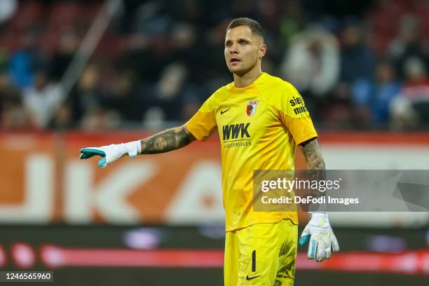 Goalkeeper Rafal Gikiewicz of FC Augsburg gestures during the Bundesliga match between FC Augsburg and Borussia Mönchengladbach at WWK-Arena on...