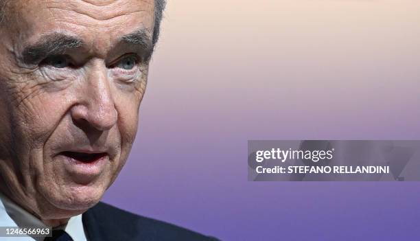 French luxury group LVMH Chairman and Chief Executive Officer Bernard Arnault addresses a presentation of the group's 2022 results at the LVMH...