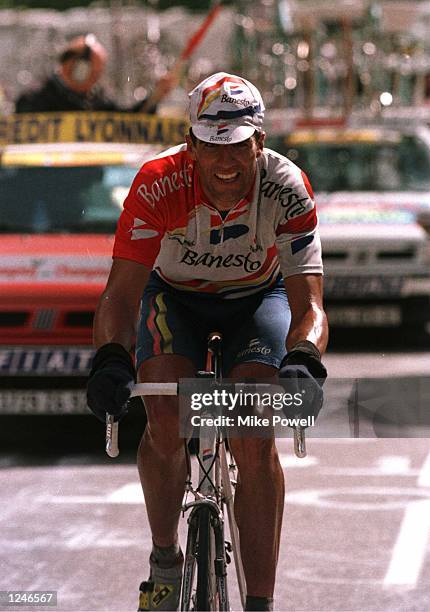 Miguel Indurain of Spain and team Benesto during the final kilometers of the climb into Les Arcs during stage seven of the Tour De France,199kms from...