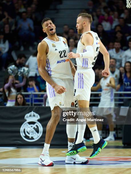 Dzanan Musa, #31 and Walter Tavares, #22 of Real Madrid celebrate during the 2022/2023 Turkish Airlines EuroLeague match between Real Madrid and FC...