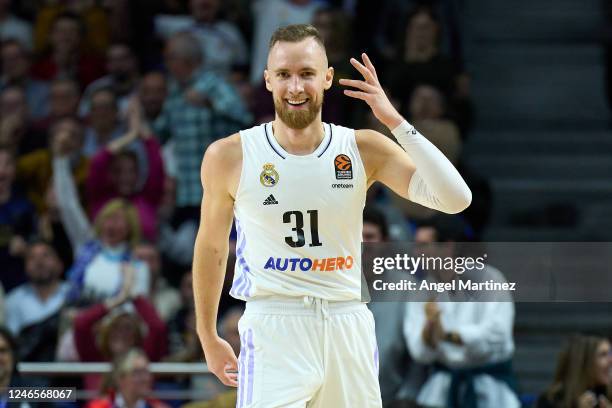 Dzanan Musa, #31 of Real Madrid celebrates during the 2022/2023 Turkish Airlines EuroLeague match between Real Madrid and FC Barcelona at Wizink...