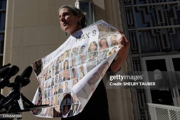 Nadia Milleron, who lost her daughter in a Boeing plane crash, speaks to the press after Boeing was arraigned on federal crime charges at the US...