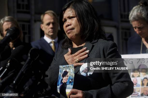 Clariss Moore, who lost her daughter in a Boeing 737 MAX airplane crash, speaks to the press after Boeing was arraigned on federal crime charges at...
