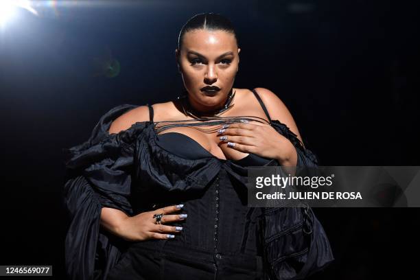 American model Paloma Elsesser presents a creation for Mugler during the Haute-Couture Spring-Summer 2023 Fashion Week in Paris on January 26, 2023.