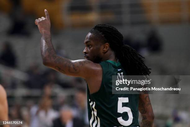 Paris Lee, #5 of Panathinaikos Athens react during the 2022/2023 Turkish Airlines EuroLeague match between Panathinaikos Athens and Zalgiris Kaunas...