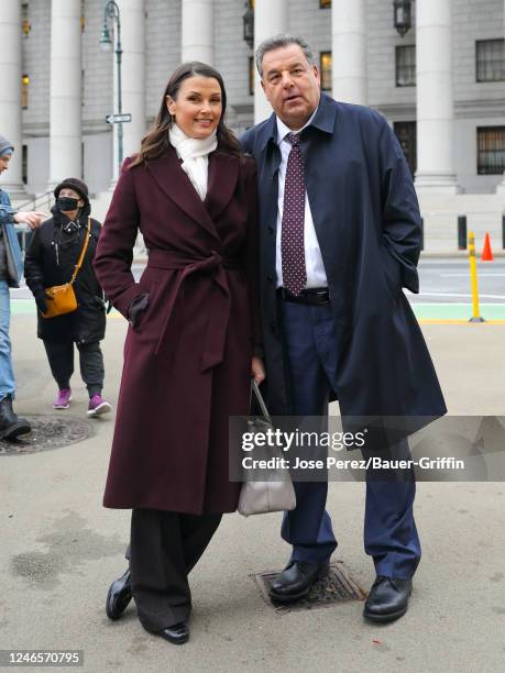Bridgette Moynahan and Steve Schirripa are seen filming at the 'Blue Bloods' set outside the Supreme Courthouse on January 26, 2023 in New York City.