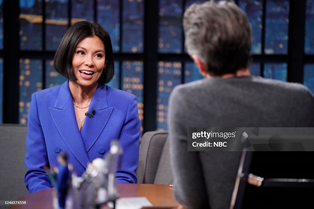 Journalist Alex Wagner during an interview with host Seth Meyers on