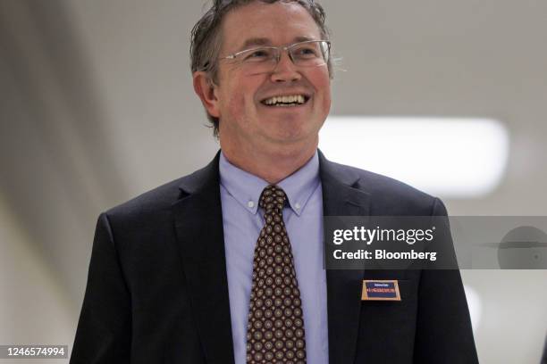 Representative Thomas Massie, a Republican from Kentucky, wears a homemade national debt clock pin on Capitol Hill in Washington, DC, US, on...
