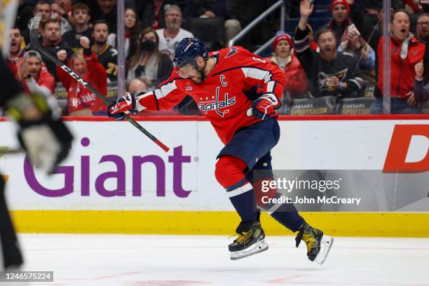 Alex Ovechkin of the Washington Capitals celebrates a goal in the first period of a game against the Pittsburgh Penguins at Capital One Arena on...