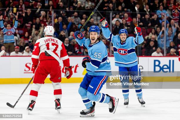 Michael Pezzetta of the Montreal Canadiens celebrates after a goal during the first period of the NHL regular season game between the Montreal...