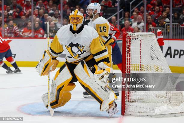 Casey DeSmith of the Pittsburgh Penguins watches the play during a game against the Washington Capitals at Capital One Arena on January 26, 2023 in...