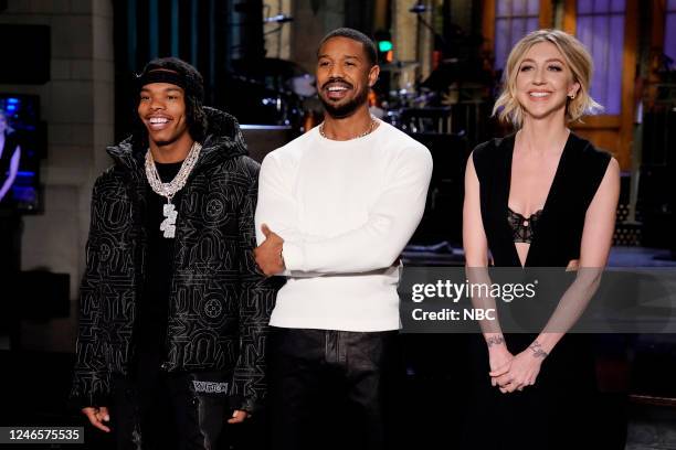 Michael B. Jordan, Lil Baby Episode 1837 Pictured: Musical guest Lil Baby, host Michael B. Jordan, and Heidi Gardner in Studio 8H during Promos on...