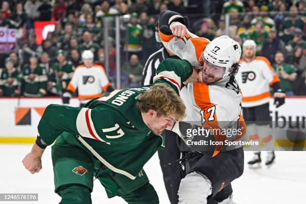 Minnesota Wild Right Wing Marcus Foligno and Philadelphia Flyers Right Wing Zack MacEwen fight during the first period of a game between the...
