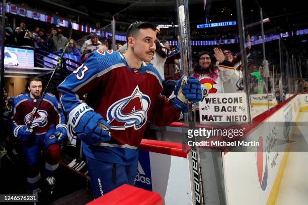Matt Nieto of the Colorado Avalanche takes to the ice prior to the game against the Anaheim Ducks at Ball Arena on January 26, 2023 in Denver,...