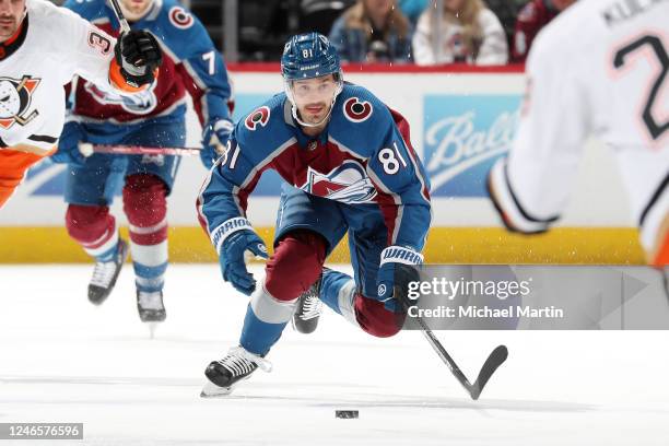 Denis Malgin of the Colorado Avalanche skates against the Anaheim Ducks at Ball Arena on January 26, 2023 in Denver, Colorado.