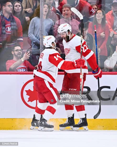 Robby Fabbri of the Detroit Red Wings celebrates his overtime goal with teammate Michael Rasmussen during the game against the Montreal Canadiens at...