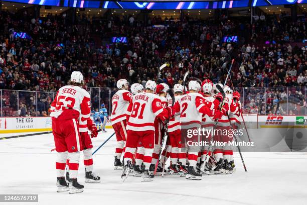 The Detroit Red Wings celebrate after winning the NHL regular season game against the Montreal Canadiens at the Bell Centre on January 26, 2023 in...
