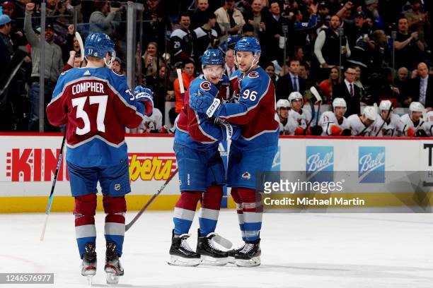 Compher, Cale Makar and Mikko Rantanen of the Colorado Avalanche celebrate a goal against the Anaheim Ducks at Ball Arena on January 26, 2023 in...