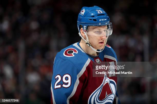 Nathan MacKinnon of the Colorado Avalanche looks on during a pause in play against the Anaheim Ducks at Ball Arena on January 26, 2023 in Denver,...