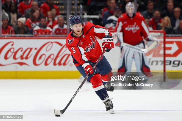 Nick Jensen of the Washington Capitals makes a pass during a game against the Pittsburgh Penguins at Capital One Arena on January 26, 2023 in...