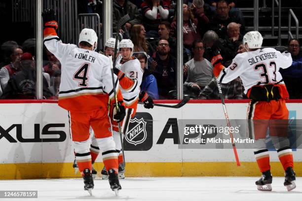 Cam Fowler, Mason McTavish, Isac Lundestrom and Jakob Silfverberg of the Anaheim Ducks celebrate a goal against the Colorado Avalanche at Ball Arena...