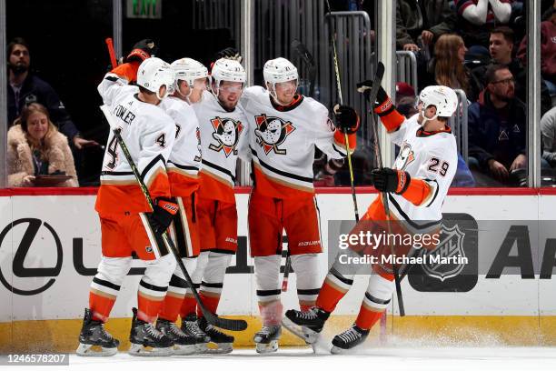 Cam Fowler, Jakob Silfverberg, Mason McTavish, Isac Lundestrom and Dmitry Kulikov of the Anaheim Ducks celebrate a goal against the Colorado...