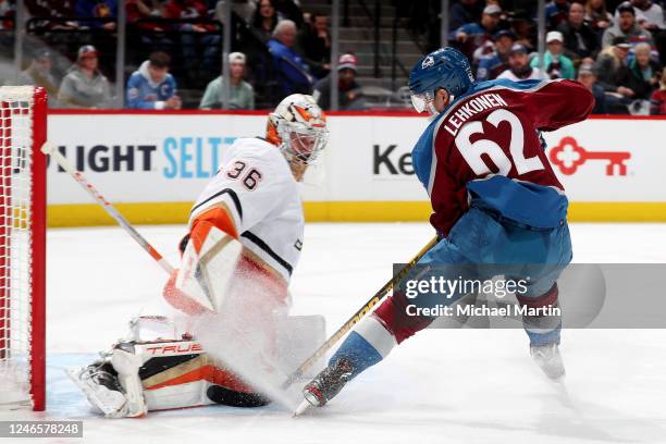 Artturi Lehkonen of the Colorado Avalanche skates against goaltender John Gibson of the Anaheim Ducks at Ball Arena on January 26, 2023 in Denver,...